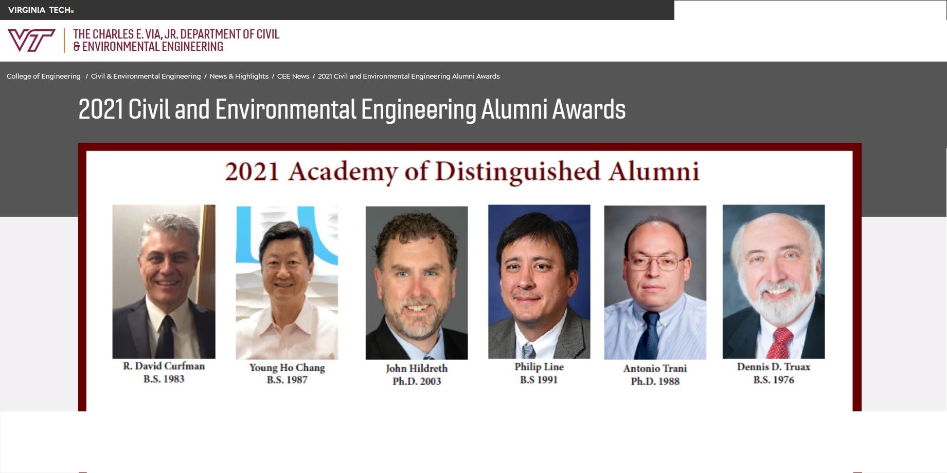 Virginia Tech 2021 Civil and Environmental Engineering Alumni Awards