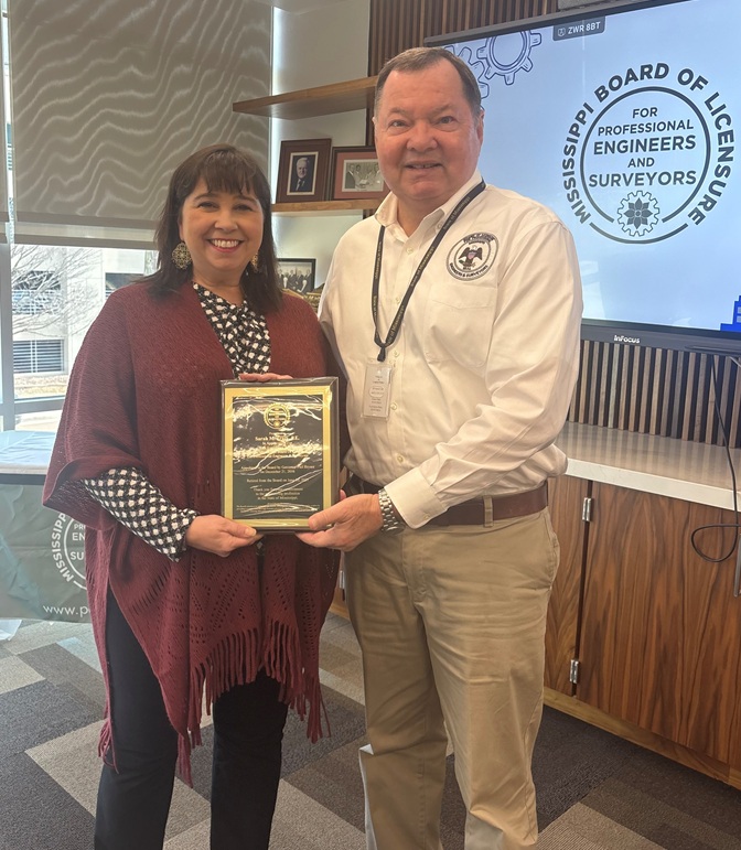 Sarah M. Tracy, PE receives recognition award from Board President Carey Hardin, PE